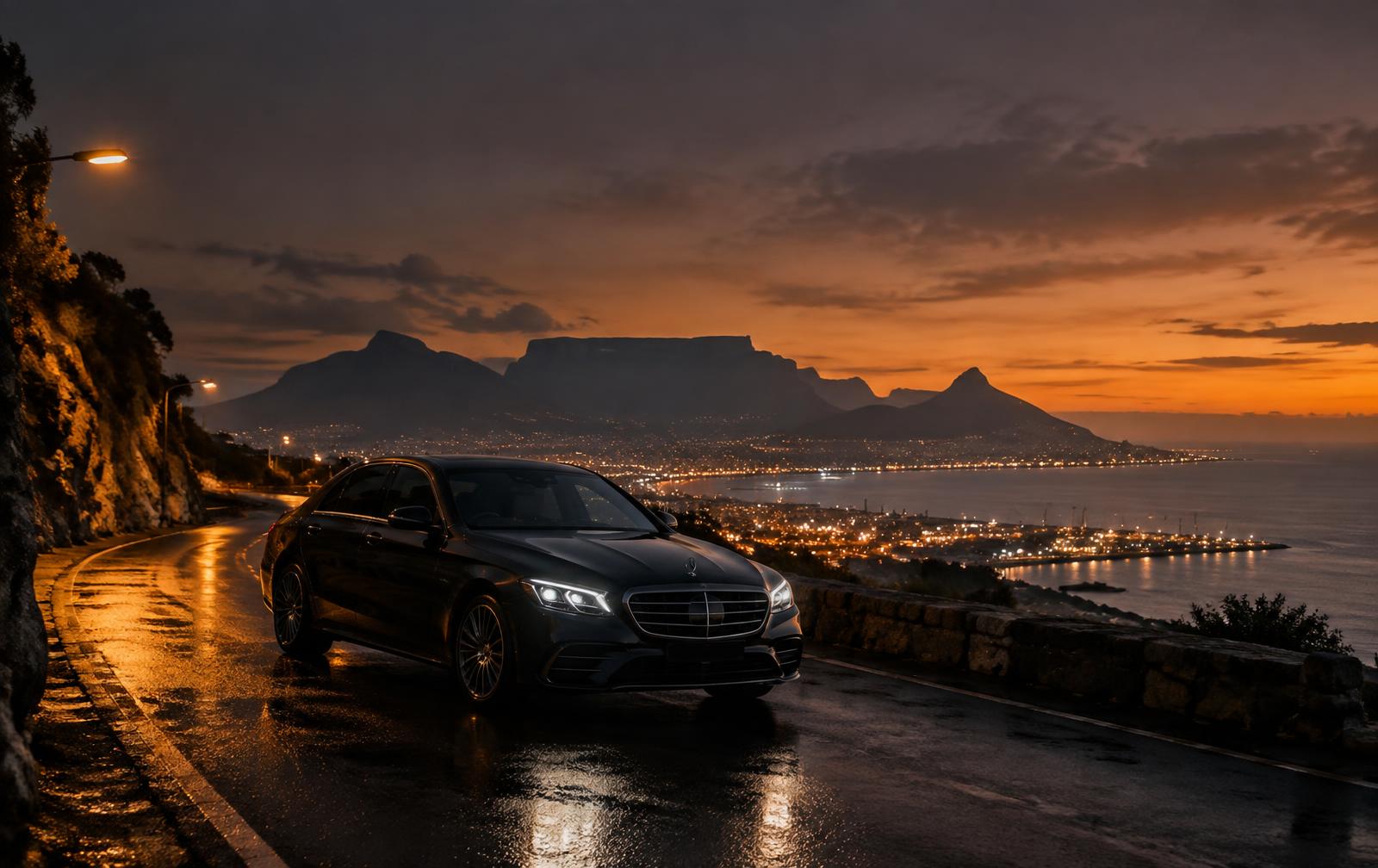 Executive sedan on a coastal road above Cape Town at dusk